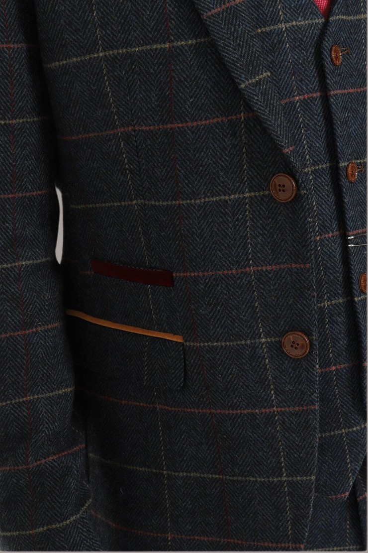 ETON-NAVY BLUE TWEED CHECK THREE PIECE SUIT