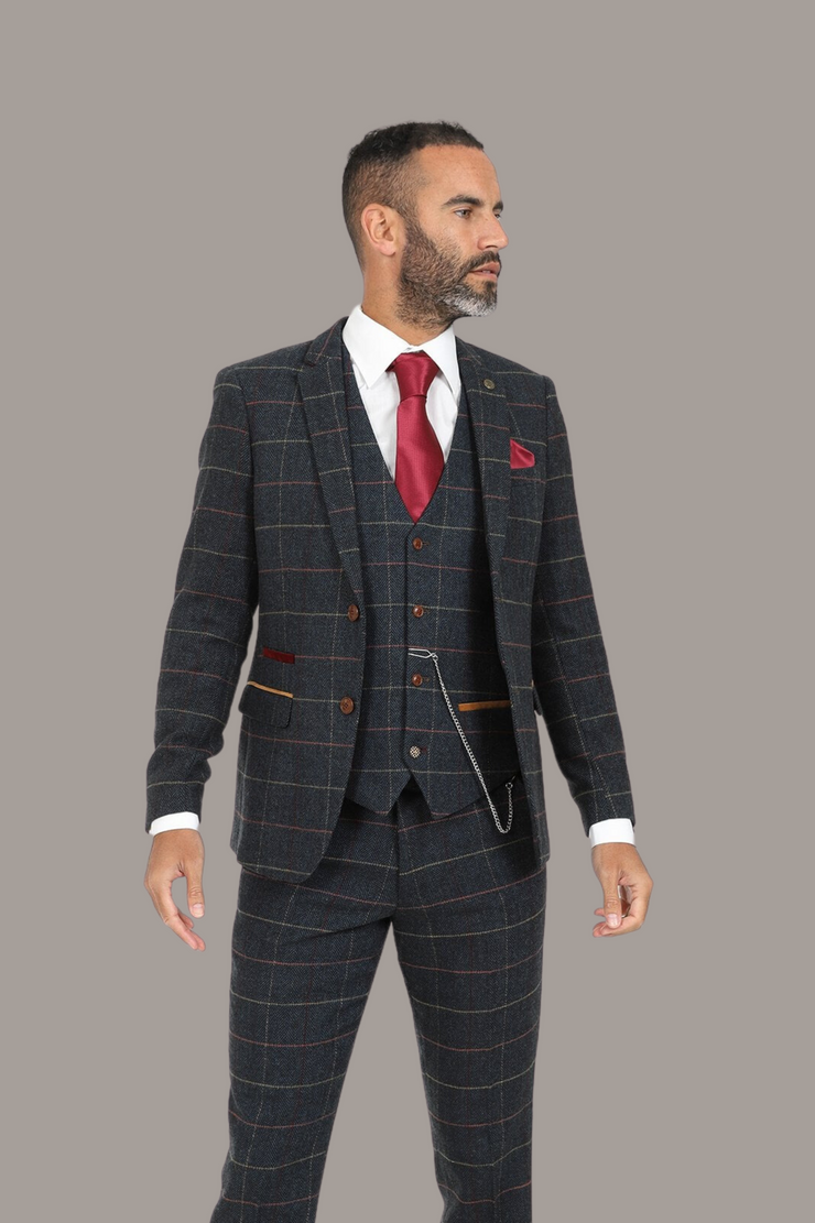 ETON-NAVY BLUE TWEED CHECK THREE PIECE SUIT