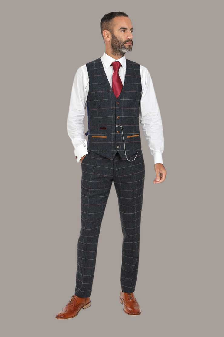 ETON-NAVY BLUE TWEED CHECK THREE PIECE SUIT