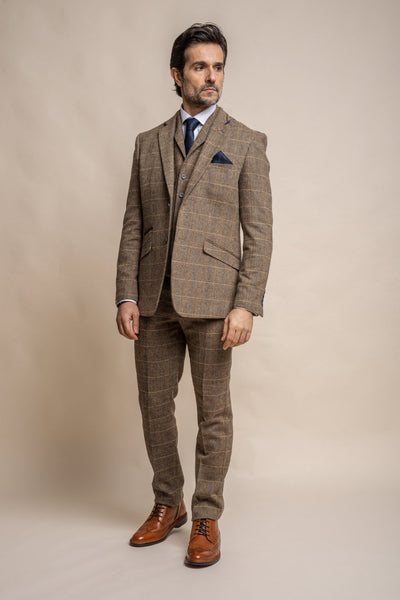 HOUSE OF CAVANI ALBERT BROWN LONG TWEED THREE PIECE SUIT